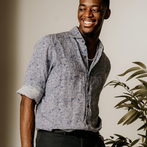 Men's Paisley Button Down Linen Shirt Blue XL bohemian coastal retro preppy - Picture 1 of 11